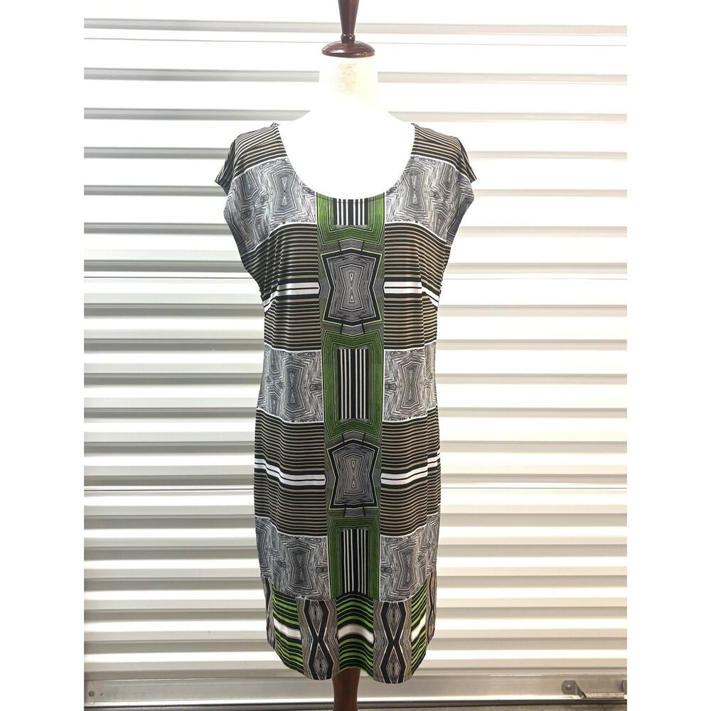 Laundry Shelli Segal Dress Geometric Print Green Black White, Stretchy Size M